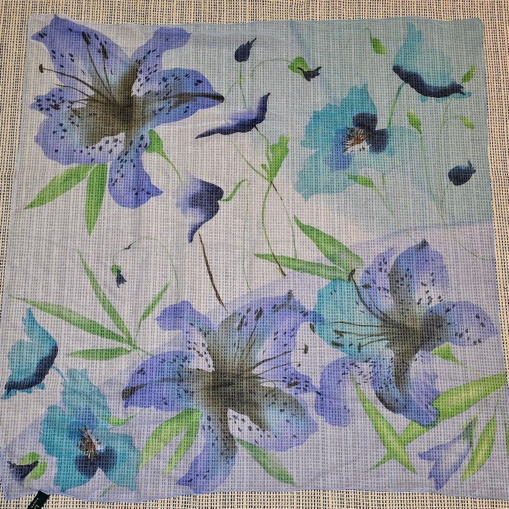 Ralph Lauren Teal Purple Transparent Floral Square Silk Scarf